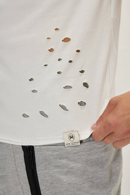 Men's Cotton Distressed Henley T-Shirt - Off-White | Ron Tomson