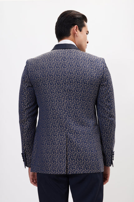 Men's Contrast Shawl Lapel Tuxedo Jacket - Navy Beige | Ron Tomson