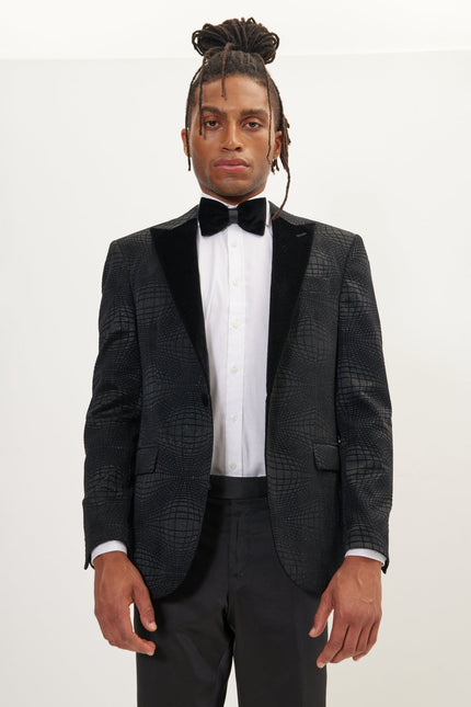 Men's Flocked Velvet Peak Lapel Tuxedo Jacket - Black | Ron Tomson