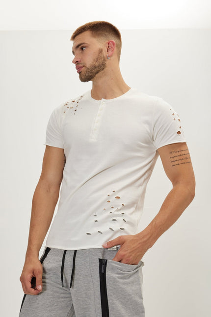 Men's Cotton Distressed Henley T-Shirt - Off-White | Ron Tomson