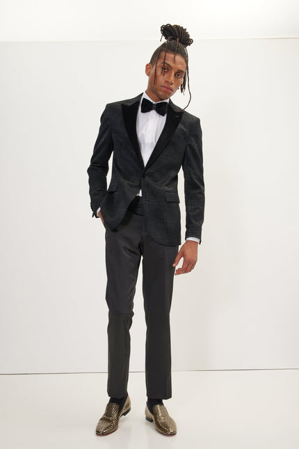 Men's Flocked Velvet Peak Lapel Tuxedo Jacket - Black | Ron Tomson