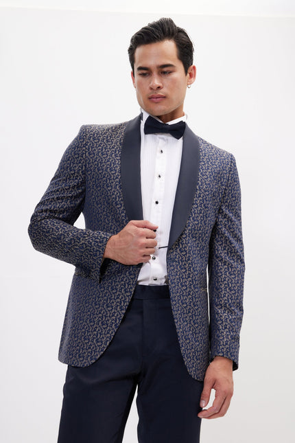 Men's Contrast Shawl Lapel Tuxedo Jacket - Navy Beige | Ron Tomson
