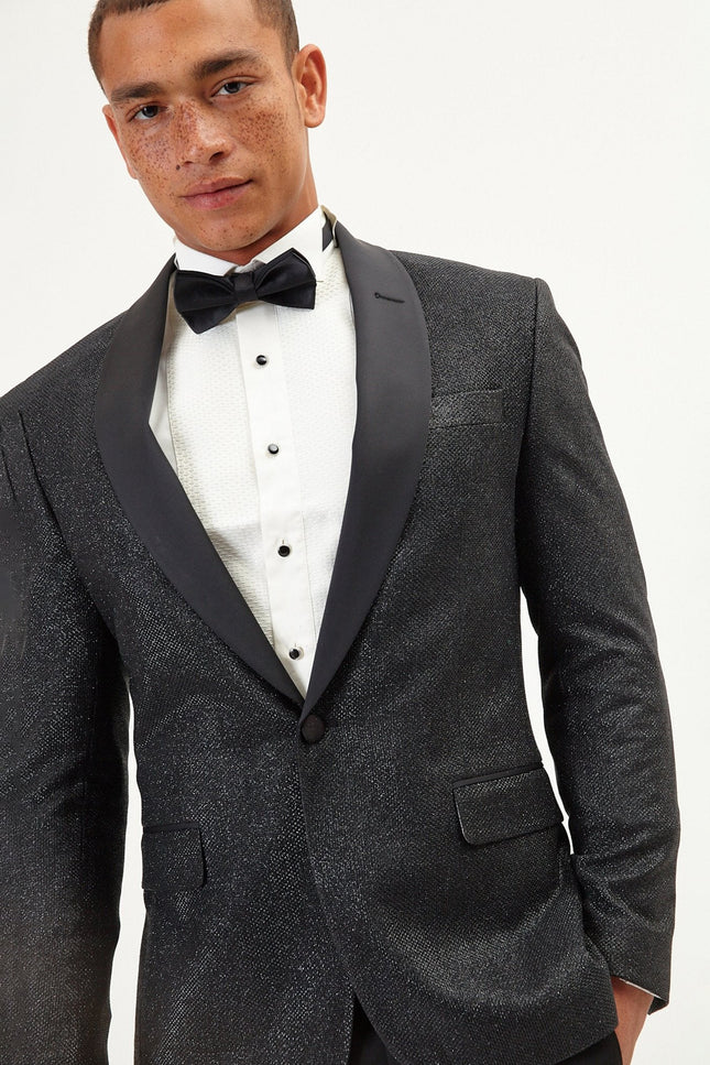 Dazzling Sparkle Shawl Lapel Tuxedo Jacket - Black