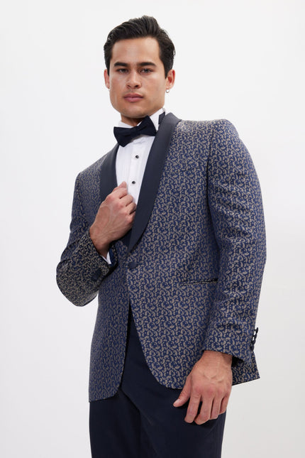 Men's Contrast Shawl Lapel Tuxedo Jacket - Navy Beige | Ron Tomson