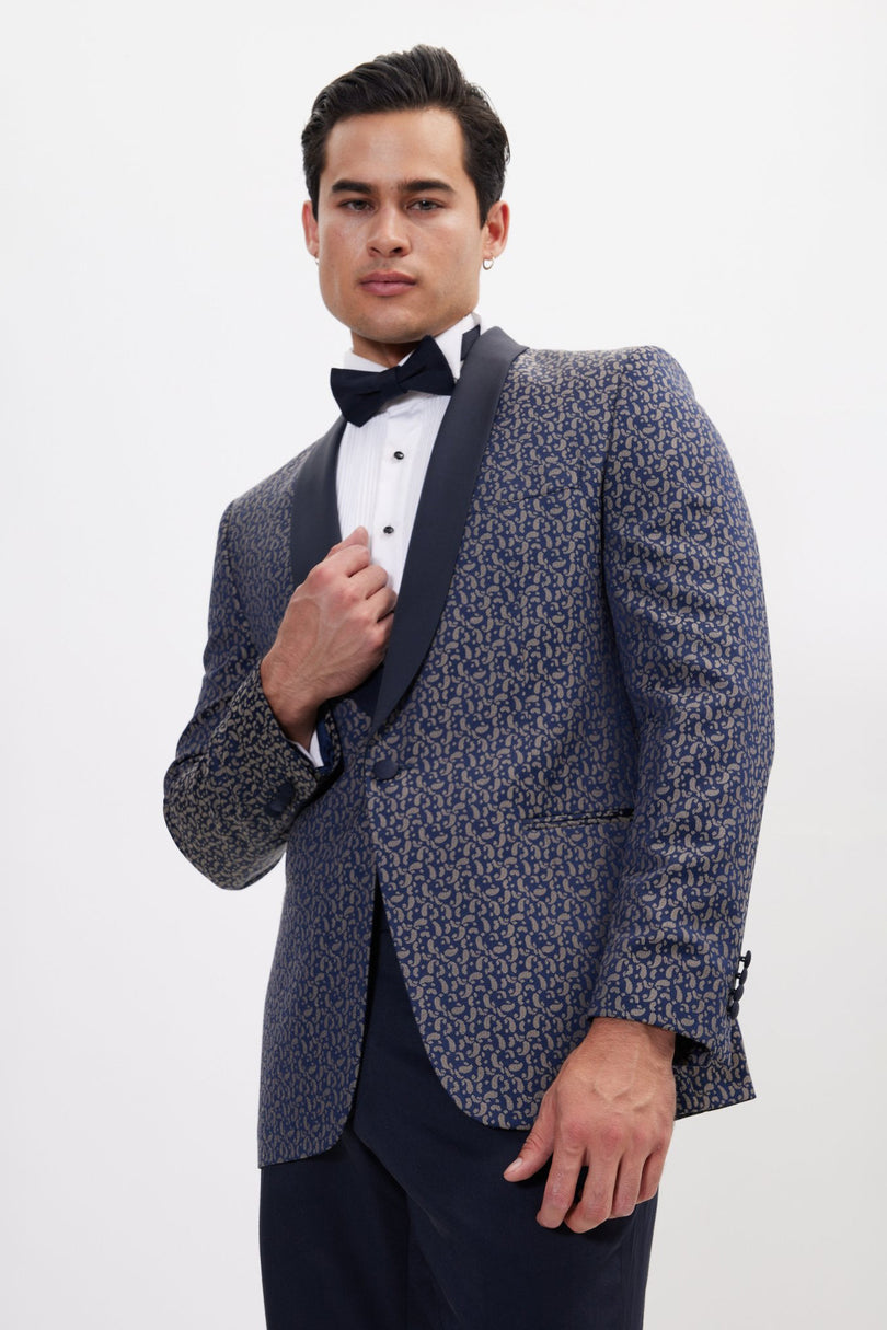 Men's Contrast Shawl Lapel Tuxedo Jacket - Navy Beige | Ron Tomson