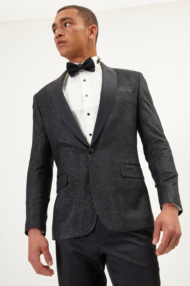 Dazzling Sparkle Shawl Lapel Tuxedo Jacket - Black