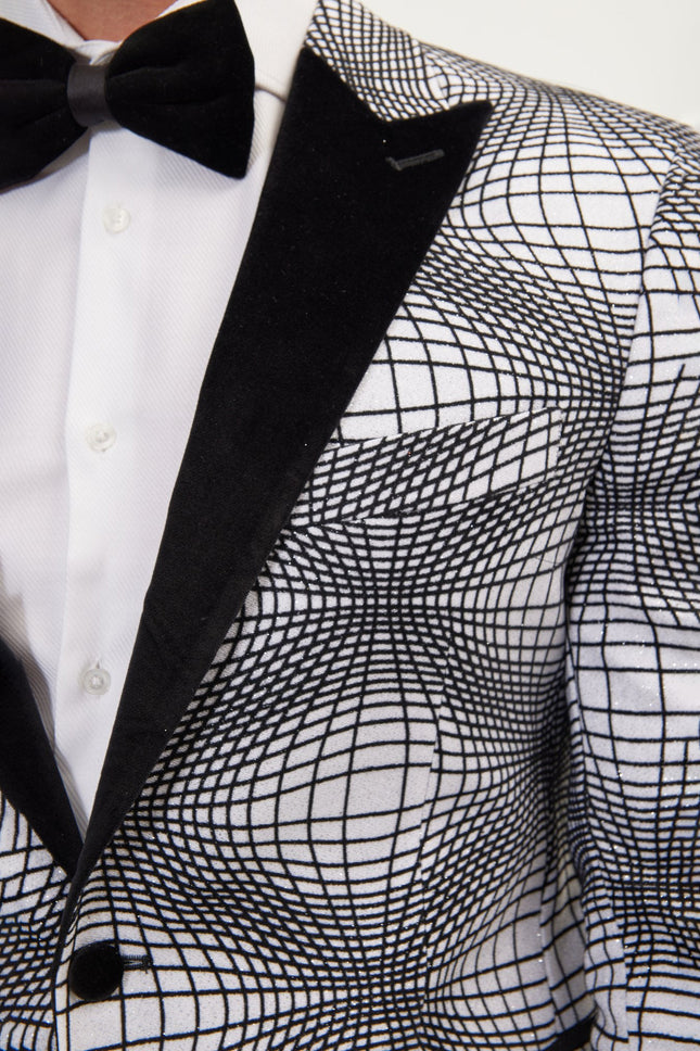 Men's Curved Space Velvet Flocking Tuxedo Jacket -  White | Ron Tomson