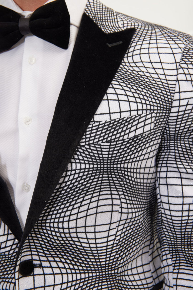 Men's Curved Space Velvet Flocking Tuxedo Jacket -  White | Ron Tomson