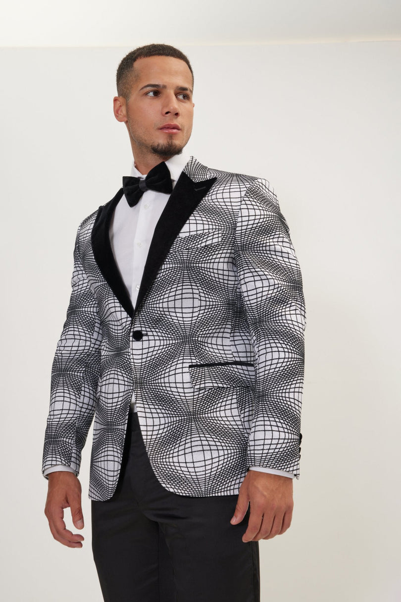 Men's Curved Space Velvet Flocking Tuxedo Jacket -  White | Ron Tomson