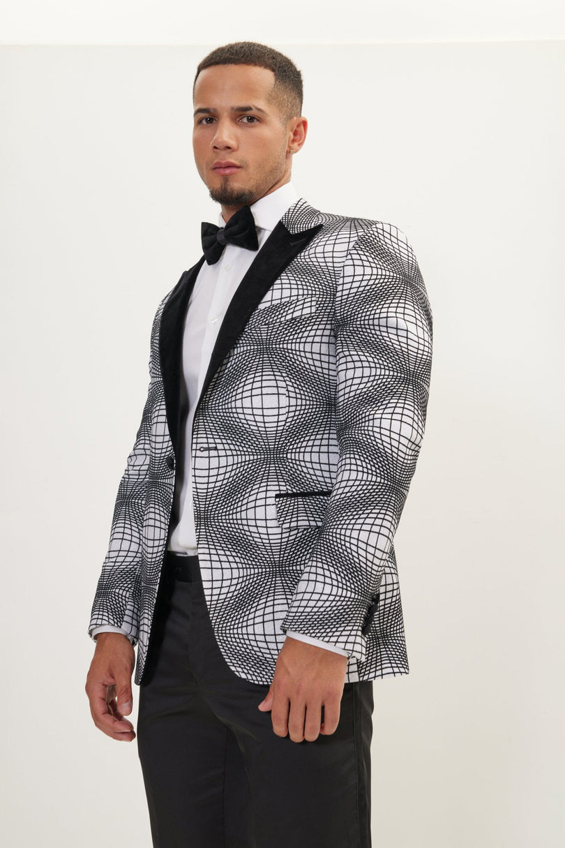 Men's Curved Space Velvet Flocking Tuxedo Jacket -  White | Ron Tomson