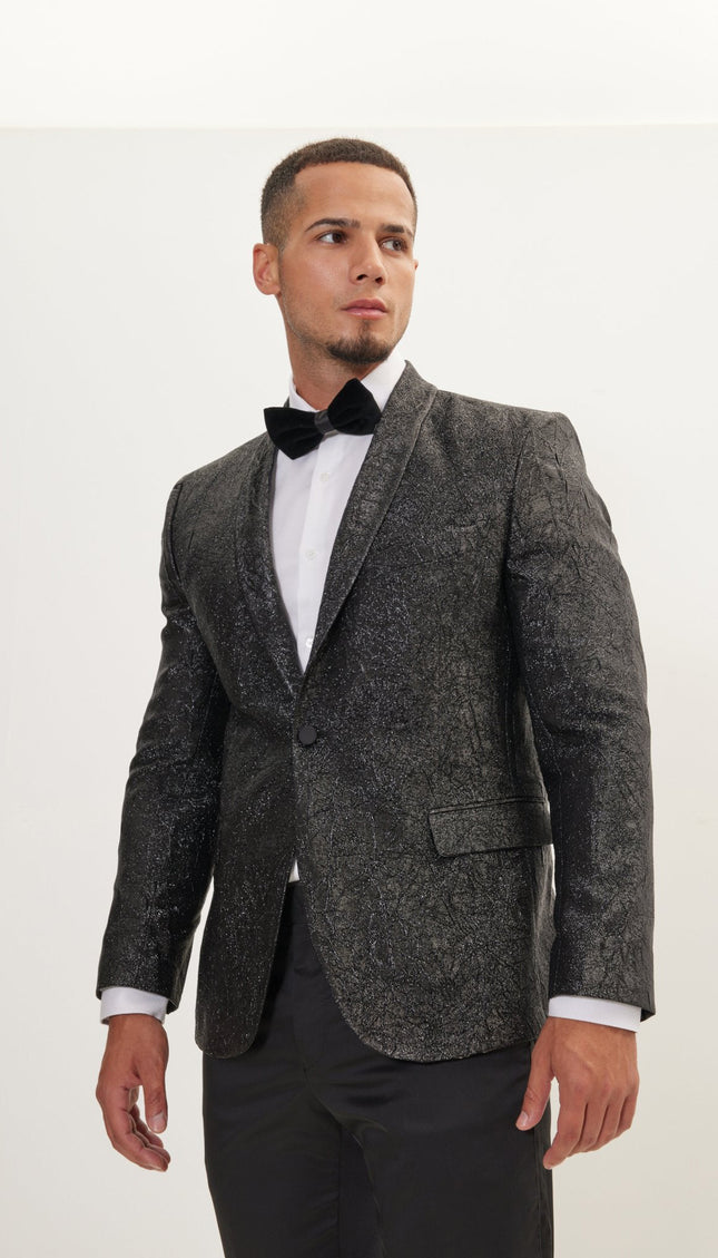 Crack Texture Pleated Metallic Tuxedo Jacket - Black