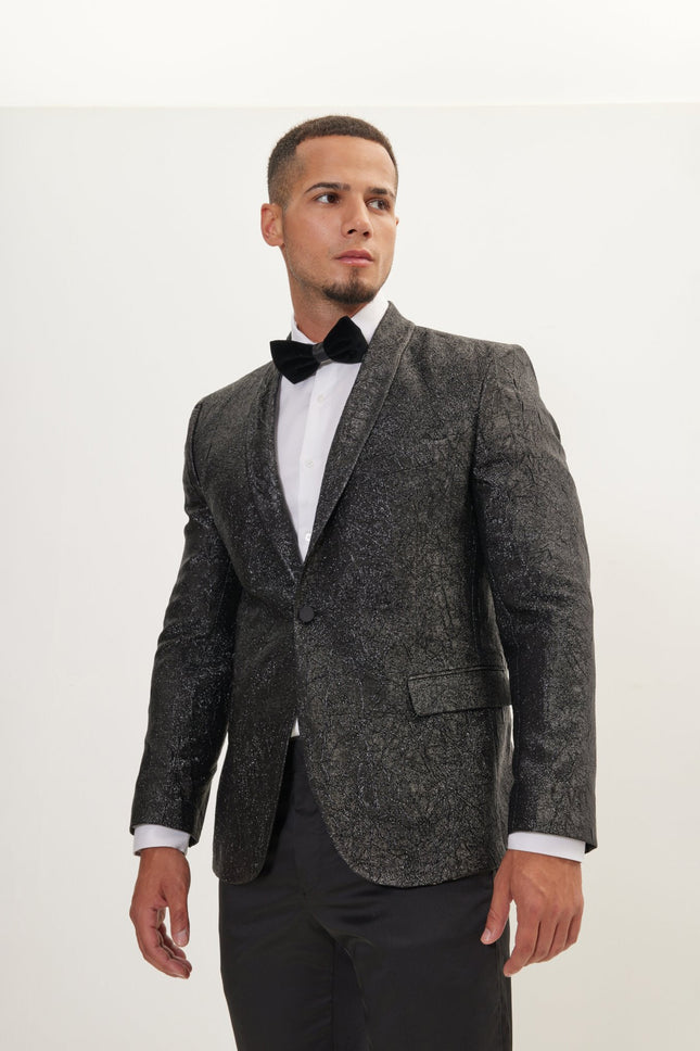 Men's Crack Texture Pleated Metallic Tuxedo Jacket - Black | Ron Tomson