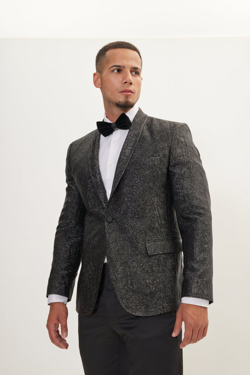 Men's Crack Texture Pleated Metallic Tuxedo Jacket - Black | Ron Tomson
