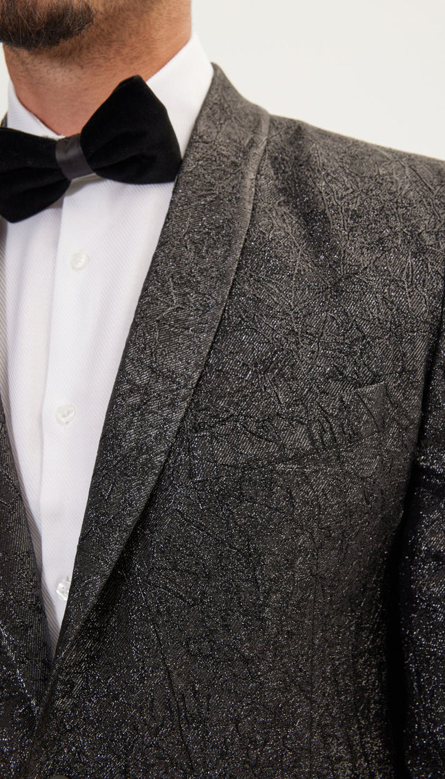 Crack Texture Pleated Metallic Tuxedo Jacket - Black