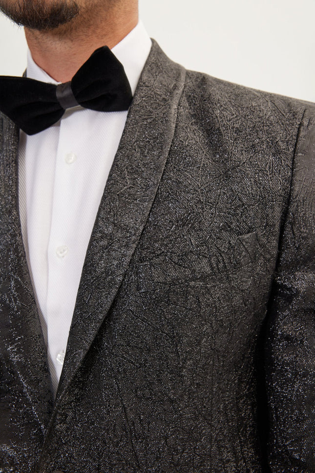 Men's Crack Texture Pleated Metallic Tuxedo Jacket - Black | Ron Tomson