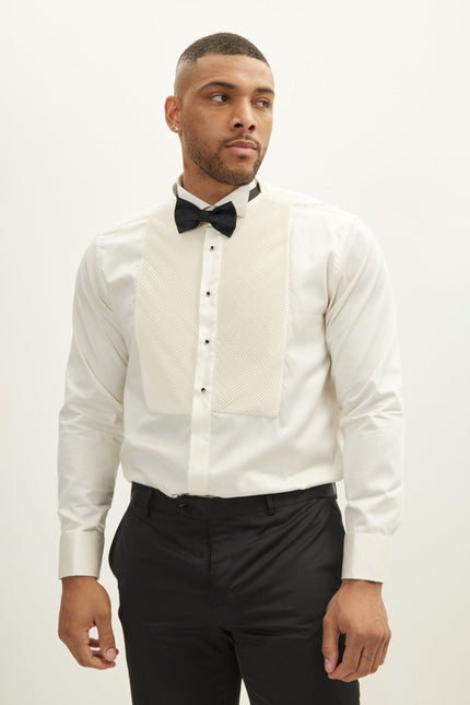 Men's Diagonal Pleated Wing Collar Shirt - Beige | Ron Tomson