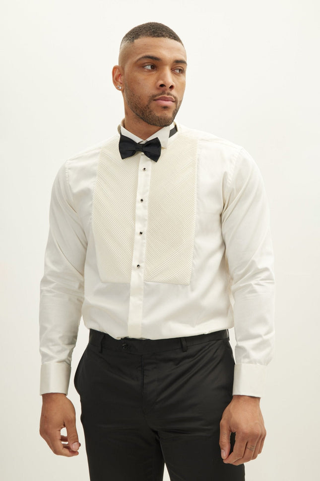 Men's Diagonal Pleated Wing Collar Shirt - Beige | Ron Tomson