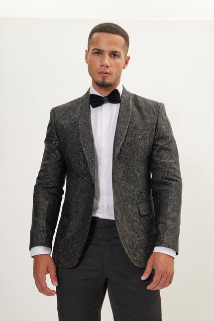 Men's Crack Texture Pleated Metallic Tuxedo Jacket - Black | Ron Tomson