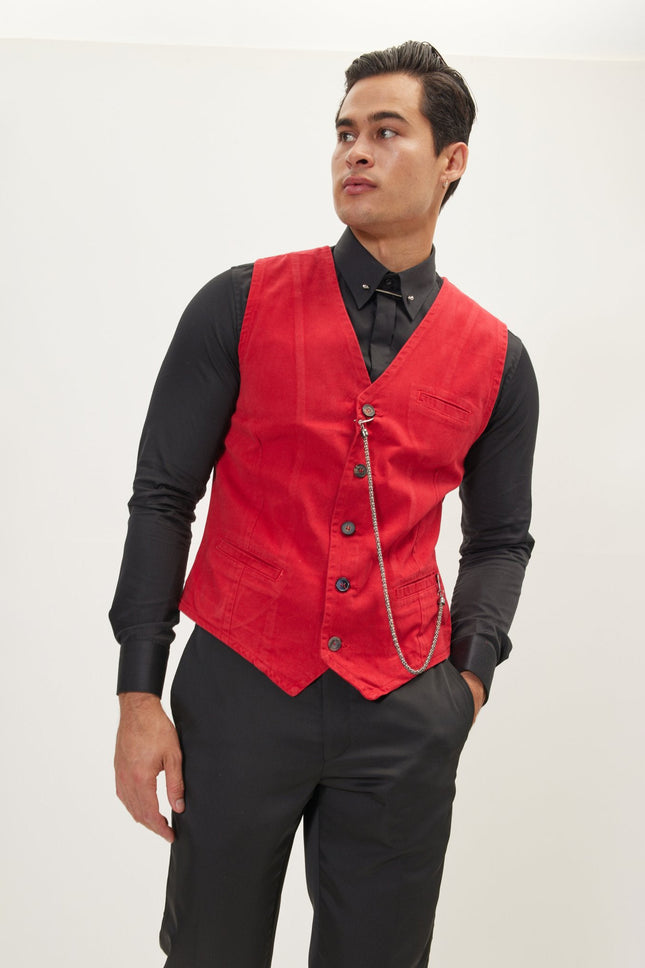 Men's Tailored Cotton Vest - Red | Ron Tomson