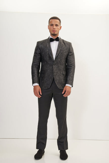 Men's Crack Texture Pleated Metallic Tuxedo Jacket - Black | Ron Tomson