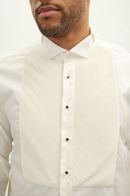 Men's Diagonal Pleated Wing Collar Shirt - Beige | Ron Tomson