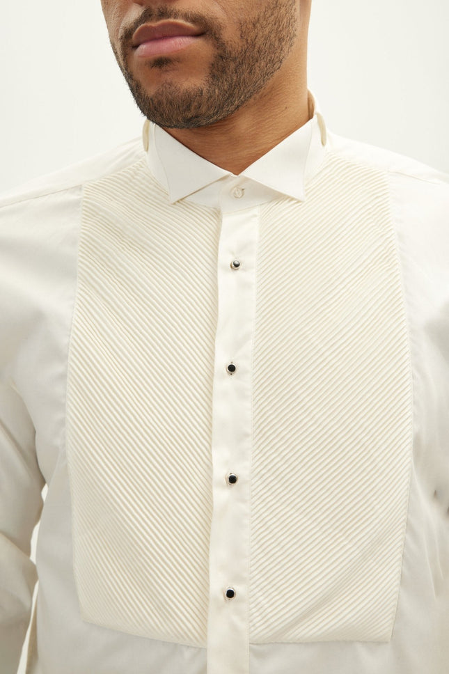 Men's Diagonal Pleated Wing Collar Shirt - Beige | Ron Tomson