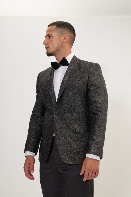 Men's Crack Texture Pleated Metallic Tuxedo Jacket - Black | Ron Tomson