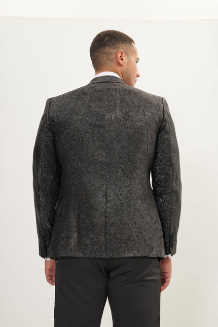 Men's Crack Texture Pleated Metallic Tuxedo Jacket - Black | Ron Tomson