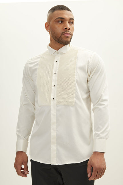 Men's Diagonal Pleated Wing Collar Shirt - Beige | Ron Tomson