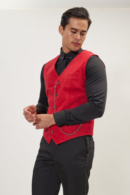 Men's Tailored Cotton Vest - Red | Ron Tomson