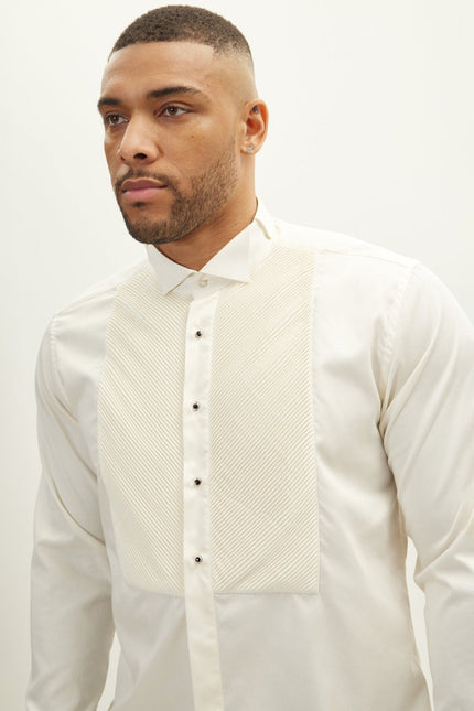 Men's Diagonal Pleated Wing Collar Shirt - Beige | Ron Tomson