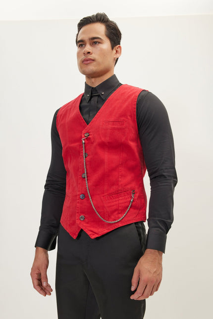 Men's Tailored Cotton Vest - Red | Ron Tomson