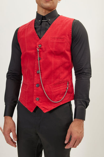 Men's Tailored Cotton Vest - Red | Ron Tomson