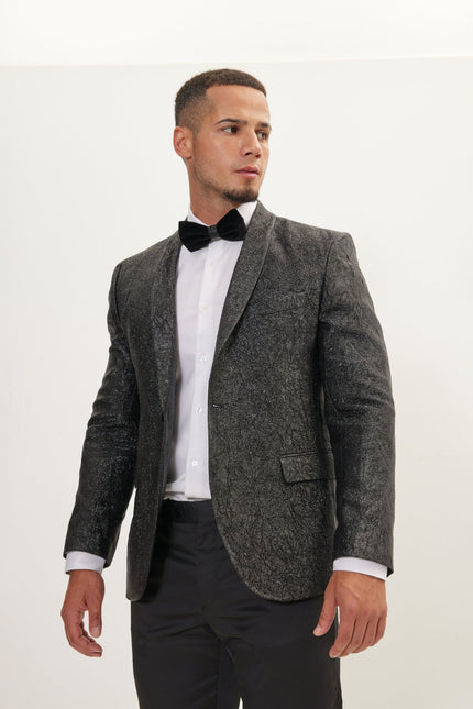 Men's Crack Texture Pleated Metallic Tuxedo Jacket - Black | Ron Tomson