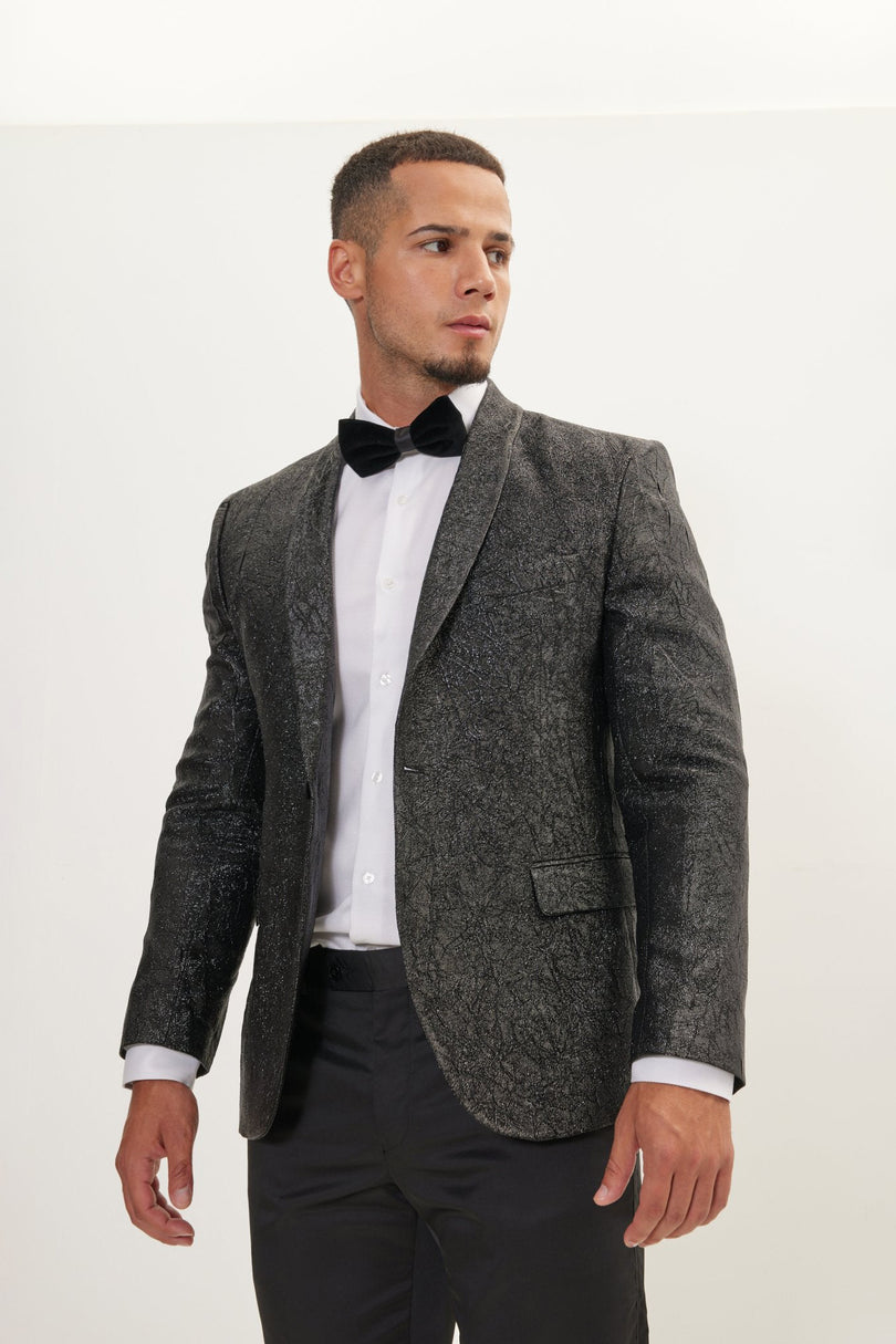 Men's Crack Texture Pleated Metallic Tuxedo Jacket - Black | Ron Tomson