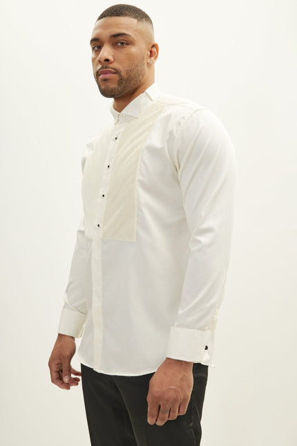 Men's Diagonal Pleated Wing Collar Shirt - Beige | Ron Tomson