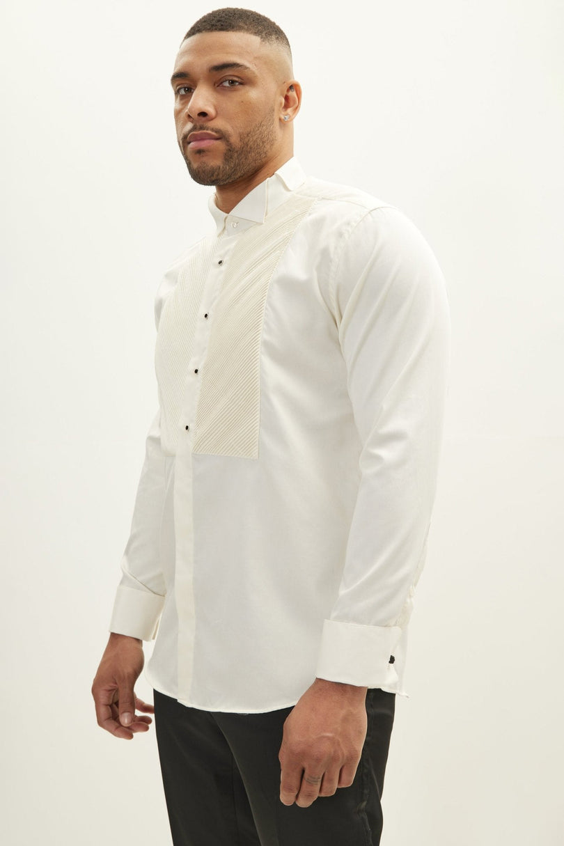 Men's Diagonal Pleated Wing Collar Shirt - Beige | Ron Tomson