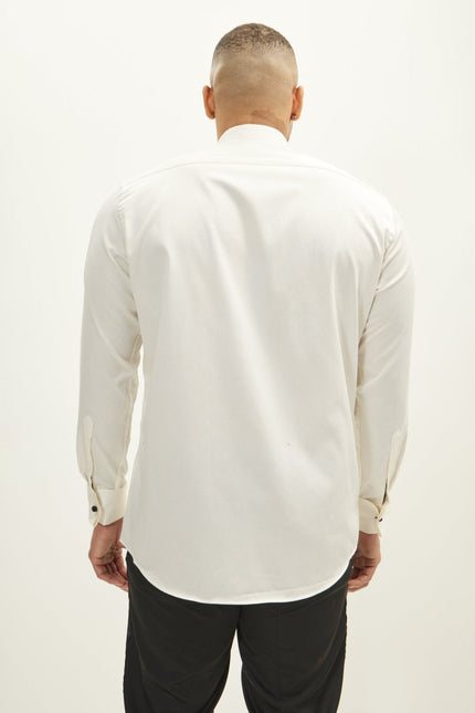 Men's Diagonal Pleated Wing Collar Shirt - Beige | Ron Tomson