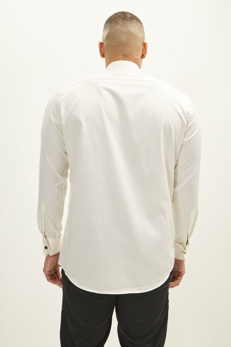 Men's Diagonal Pleated Wing Collar Shirt - Beige | Ron Tomson