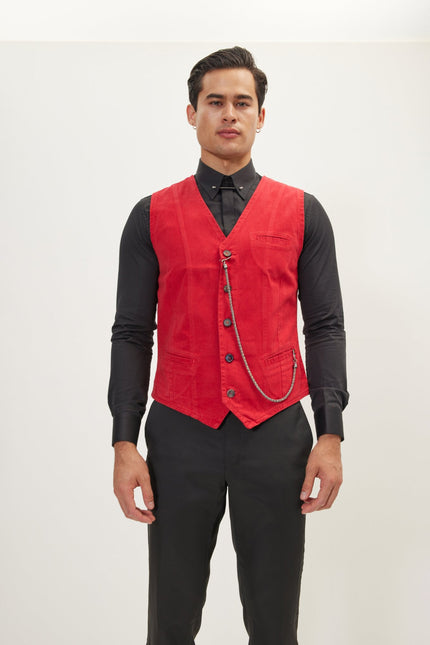 Men's Tailored Cotton Vest - Red | Ron Tomson