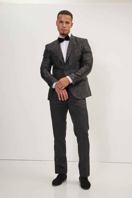 Men's Crack Texture Pleated Metallic Tuxedo Jacket - Black | Ron Tomson