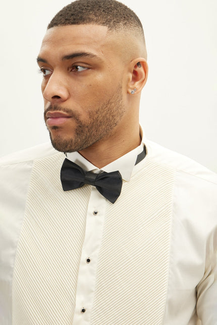 Men's Diagonal Pleated Wing Collar Shirt - Beige | Ron Tomson