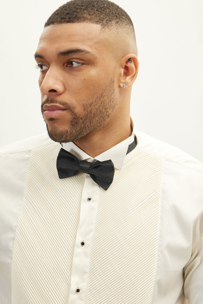 Men's Diagonal Pleated Wing Collar Shirt - Beige | Ron Tomson