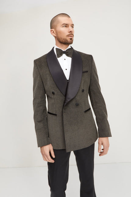 Men's Double-Breasted Velvet Tuxedo Jacket - Carbon Black | Ron Tomson