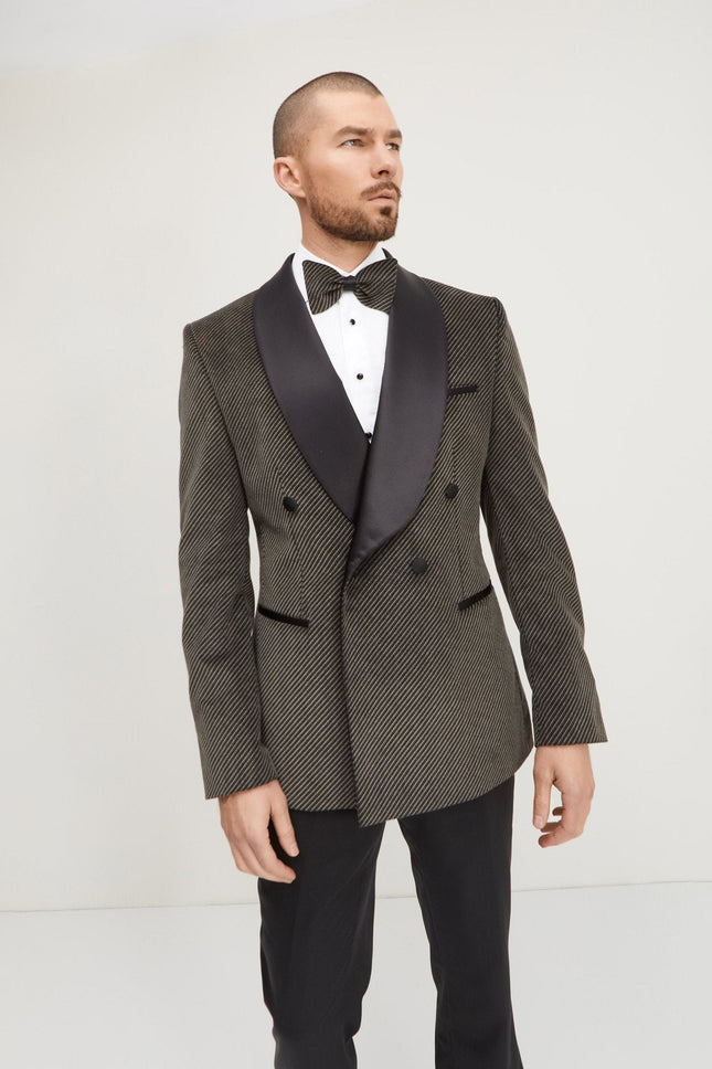 Men's Double-Breasted Velvet Tuxedo Jacket - Carbon Black | Ron Tomson