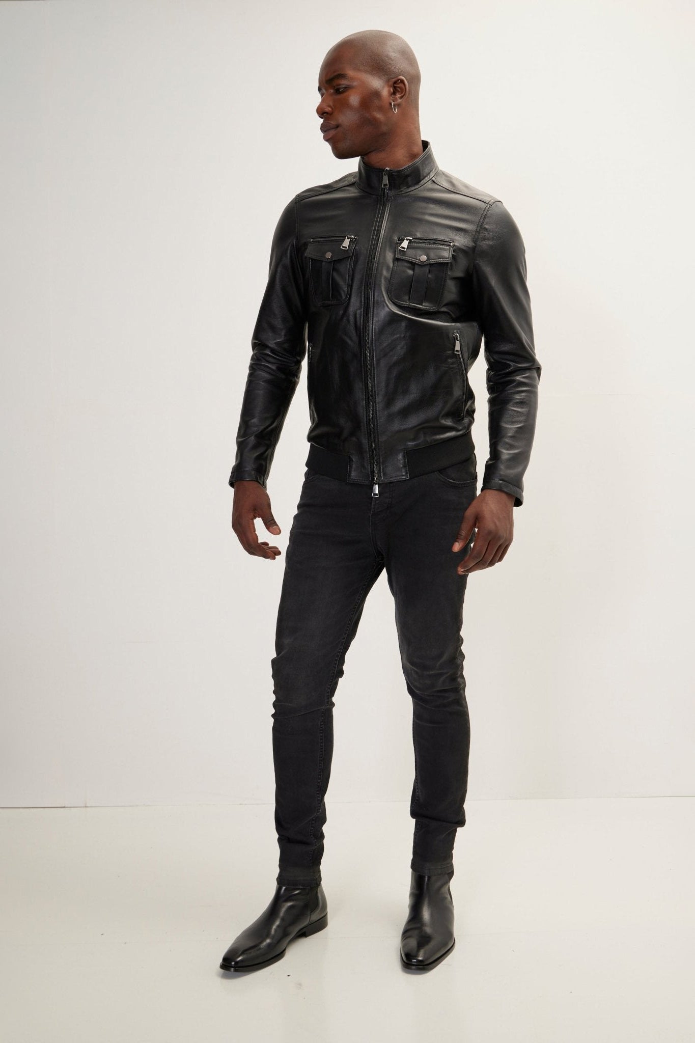Men's Double Zipper Stand Collar Leather Bomber Jacket - Black