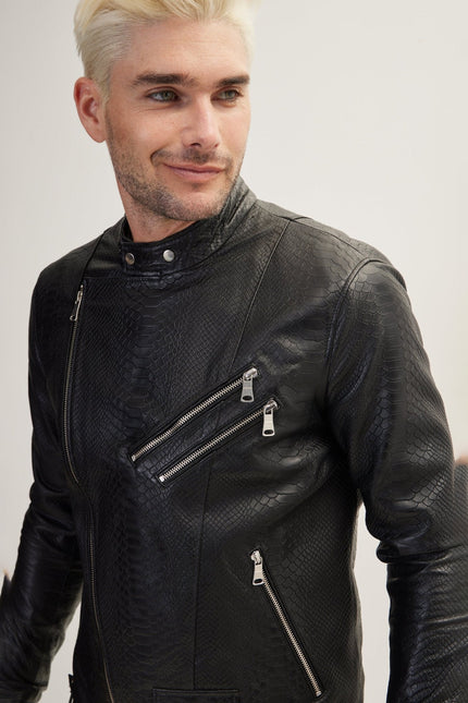 Men's Snake Embossed Leather Cafe Racer - Black | Ron Tomson