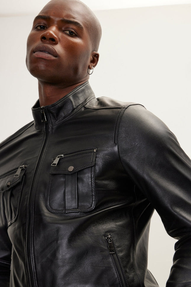 Men's Double Zipper Stand Collar Leather Bomber Jacket - Black | Ron Tomson