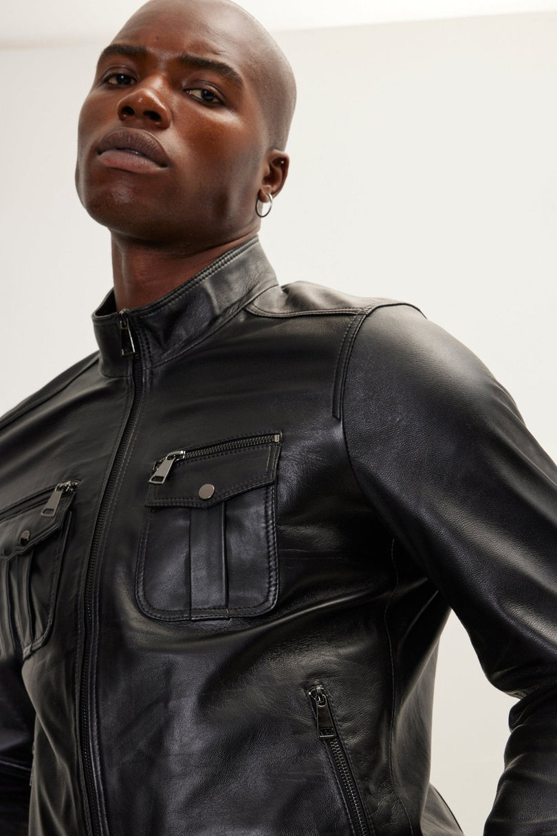 Men's Double Zipper Stand Collar Leather Bomber Jacket - Black | Ron Tomson