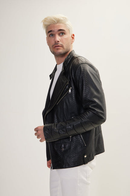 Men's Snake Embossed Leather Cafe Racer - Black | Ron Tomson